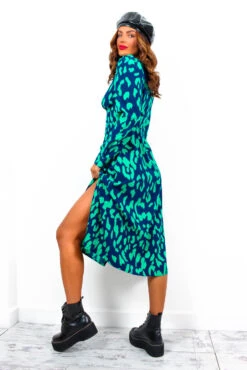 Dont Give A Glam - Navy Green Leopard Print Midi Dress -Deals Modashka Store Don tGiveAGlam NavyGreenLeopardPrintMidiDress5