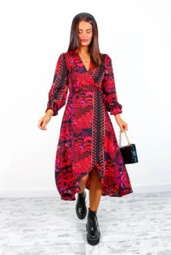AX Paris Dont Tame Me - Red Multi Printed Midi Wrap Dress
