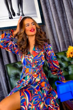 AX Paris Dont Tame Me - Blue Multi Abstract Midi Wrap Dress