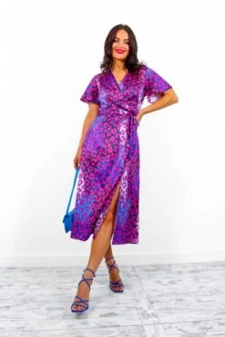 Drawing Attention - Magenta Blue Leopard Midi Wrap Dress