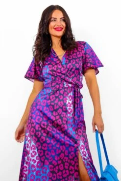 Drawing Attention - Magenta Blue Leopard Midi Wrap Dress -Deals Modashka Store DrawingAttention MagentaBlueLeopardMidiWrapDress3