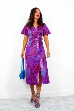 Drawing Attention - Magenta Blue Leopard Midi Wrap Dress -Deals Modashka Store DrawingAttention MagentaBlueLeopardMidiWrapDress4