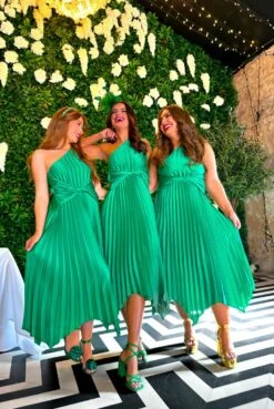 Dream Come True - Green One Shoulder Pleated Twist Waist Midi Dress