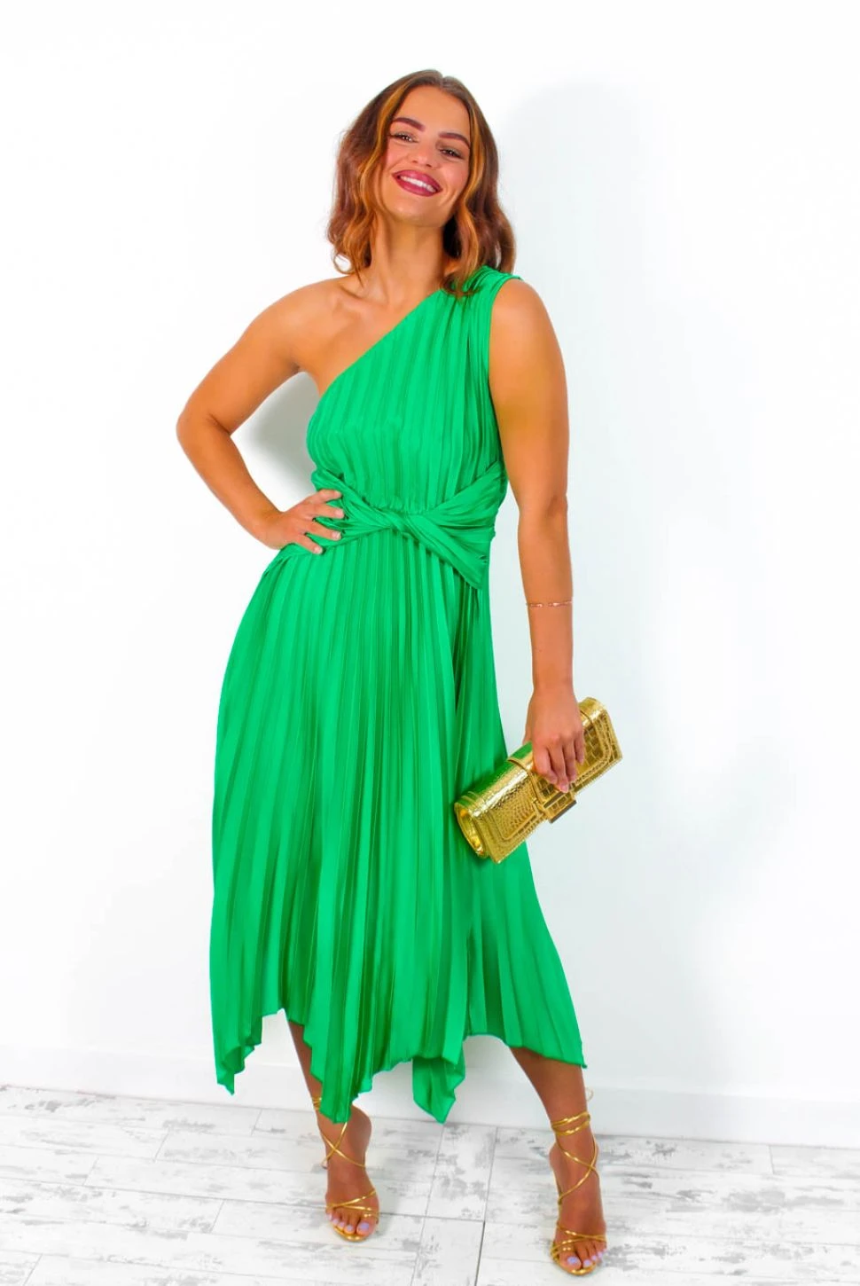 Dream Come True - Green One Shoulder Pleated Twist Waist Midi Dress 4 Dream Come True - Green One Shoulder Pleated Twist Waist Midi Dress - Image 2