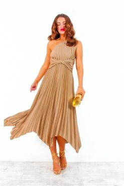 Dream Come True - Taupe One Shoulder Pleated Twist Waist Midi Dress -Deals Modashka Store DreamComeTrue TaupeOneShoulderPleatedTwistWaistMidiDress 2