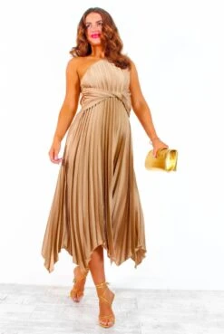 Dream Come True - Taupe One Shoulder Pleated Twist Waist Midi Dress -Deals Modashka Store DreamComeTrue TaupeOneShoulderPleatedTwistWaistMidiDress 3