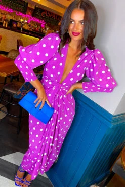 Glamorous Drive Em Wild - Magenta White Polka Dot Midi Wrap Dress -Deals Modashka Store Drive Em Wild Magenta White Polka Dot Midi Wrap Dress 3