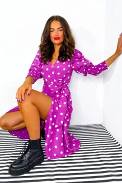 Glamorous Drive Em Wild - Magenta White Polka Dot Midi Wrap Dress -Deals Modashka Store Drive Em Wild Magenta White Polka Dot Midi Wrap Dress 4