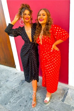 Glamorous Drive 'Em Wild - Red Gold Foil Spot Midi Wrap Dress -Deals Modashka Store Drive Em Wild Black Gold Print Midi Wrap Dress 4 14513103 2823 46bf 8143 15c6721e728a