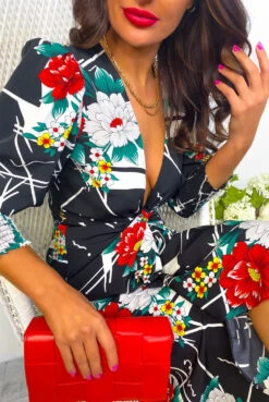Glamorous Drive Em Wild - Black White Floral Abstract Print Midi Wrap Dress