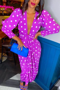 Glamorous Drive Em Wild - Magenta White Polka Dot Midi Wrap Dress