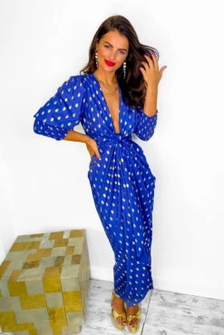 Glamorous Drive 'Em Wild - Cobalt Gold Foil Spot Midi Wrap Dress
