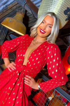 Glamorous Drive 'Em Wild - Red Gold Foil Spot Midi Wrap Dress -Deals Modashka Store Drive Em Wild Red Gold Foil Spot Midi Wrap Dress 2