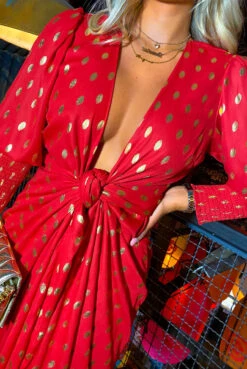 Glamorous Drive 'Em Wild - Red Gold Foil Spot Midi Wrap Dress -Deals Modashka Store Drive Em Wild Red Gold Foil Spot Midi Wrap Dress