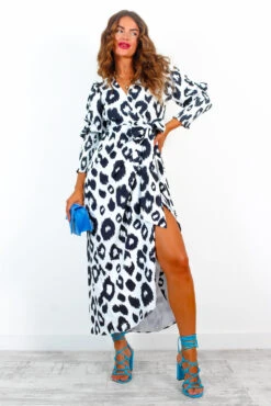 Glamorous Drive Em Wild - Black White Leopard Wrap Midi Dress -Deals Modashka Store DriveEmWild BlackWhiteLeopardWrapMidiDress 2