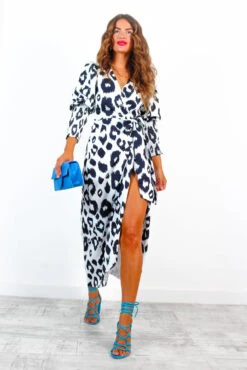 Glamorous Drive Em Wild - Black White Leopard Wrap Midi Dress -Deals Modashka Store DriveEmWild BlackWhiteLeopardWrapMidiDress 3
