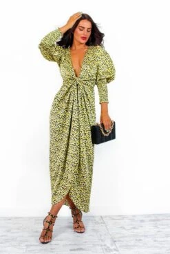 Glamorous Drive Em Wild - Black Yellow Flower Midi Wrap Dress
