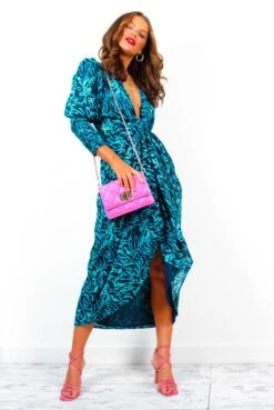Glamorous Drive Em Wild - Blue Black Animal Print Midi Wrap Dress