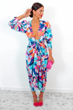 Glamorous Drive Em Wild - Blue Multi Abstract Midi Wrap Dress -Deals Modashka Store DriveEmWild BlueMultiAbstractMidiWrapDress 11