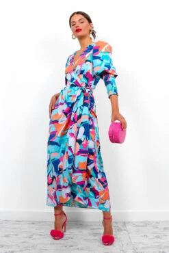 Glamorous Drive Em Wild - Blue Multi Abstract Midi Wrap Dress -Deals Modashka Store DriveEmWild BlueMultiAbstractMidiWrapDress 15