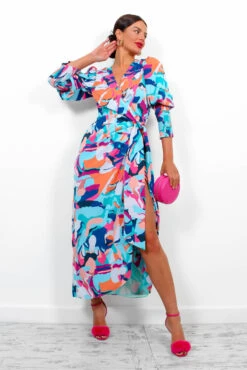 Glamorous Drive Em Wild - Blue Multi Abstract Midi Wrap Dress -Deals Modashka Store DriveEmWild BlueMultiAbstractMidiWrapDress 16