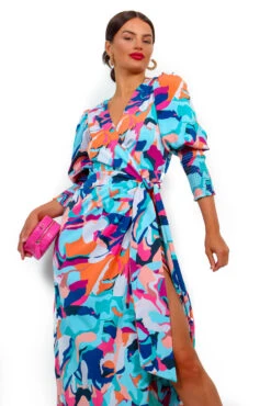 Glamorous Drive Em Wild - Blue Multi Abstract Midi Wrap Dress -Deals Modashka Store DriveEmWild BlueMultiAbstractMidiWrapDress 17
