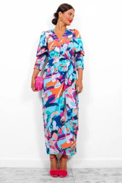 Glamorous Drive Em Wild - Blue Multi Abstract Midi Wrap Dress -Deals Modashka Store DriveEmWild BlueMultiAbstractMidiWrapDress 9