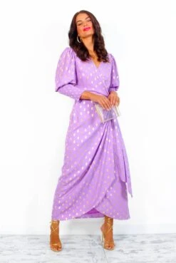Glamorous Drive 'Em Wild - Lilac Gold Foil Spot Midi Wrap Dress -Deals Modashka Store DriveEmWild LilacGoldFoilSpotMidiWrapDress