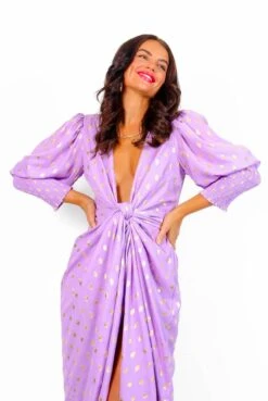 Glamorous Drive 'Em Wild - Lilac Gold Foil Spot Midi Wrap Dress -Deals Modashka Store DriveEmWild LilacGoldFoilSpotMidiWrapDress 3