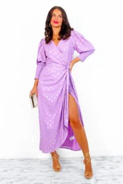 Glamorous Drive 'Em Wild - Lilac Gold Foil Spot Midi Wrap Dress -Deals Modashka Store DriveEmWild LilacGoldFoilSpotMidiWrapDress 8