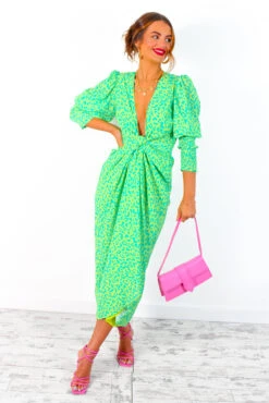 Glamorous Drive 'Em Wild - Lime Forest Leopard Print Midi Wrap Dress