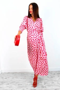 Glamorous Drive Em Wild - Pink Red Blotch Print Midi Wrap Dress -Deals Modashka Store DriveEmWild PinkRedBlotchPrintMidiWrapDress1