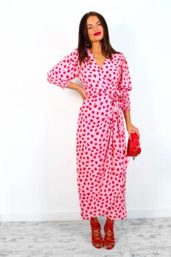 Glamorous Drive Em Wild - Pink Red Blotch Print Midi Wrap Dress -Deals Modashka Store DriveEmWild PinkRedBlotchPrintMidiWrapDress2