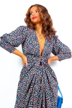 Glamorous Drive Em Wild - Black Blue Multi Abstract Midi Wrap Dress