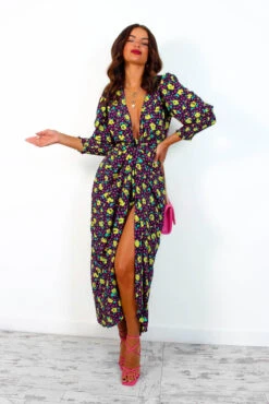 Glamorous Drive Em Wild - Black Multi Rose Midi Wrap Dress