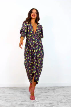 Glamorous Drive Em Wild - Black Multi Rose Midi Wrap Dress -Deals Modashka Store Drive EmWild BlackMultiRoseMidiWrapDress3