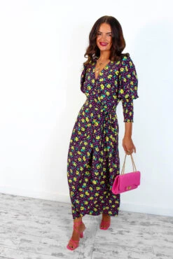 Glamorous Drive Em Wild - Black Multi Rose Midi Wrap Dress -Deals Modashka Store Drive EmWild BlackMultiRoseMidiWrapDress4