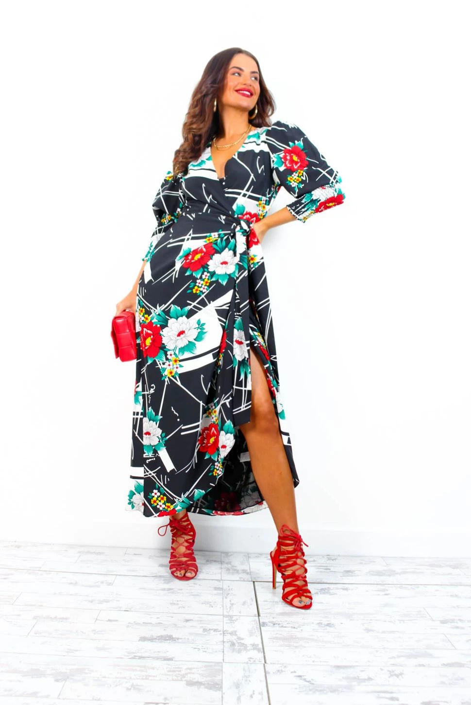 Glamorous Drive Em Wild - Black White Floral Abstract Print Midi Wrap Dress 8 Glamorous Drive Em Wild - Black White Floral Abstract Print Midi Wrap Dress - Image 6