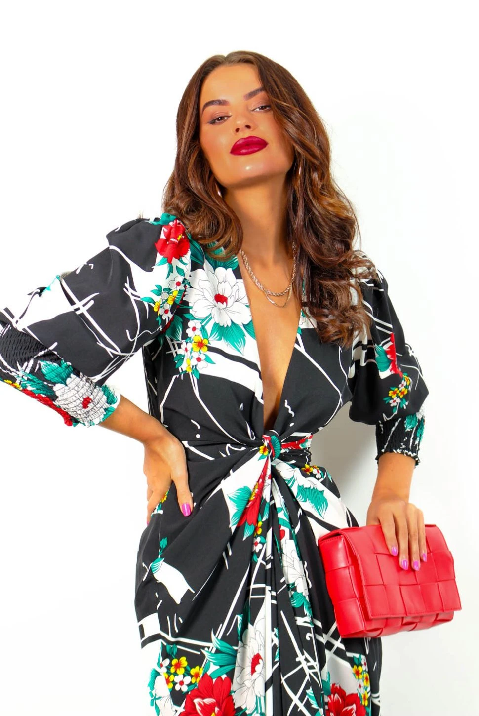 Glamorous Drive Em Wild - Black White Floral Abstract Print Midi Wrap Dress 6 Glamorous Drive Em Wild - Black White Floral Abstract Print Midi Wrap Dress - Image 4