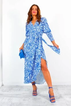 Glamorous Drive Em Wild - Blue White Zebra Print Midi Wrap Dress -Deals Modashka Store Drive EmWild BlueWhiteZebraPrintMidiWrapDress 3