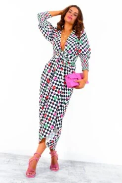 Glamorous Drive Em Wild - Checkerboard Flower Print Midi Wrap Dress -Deals Modashka Store Drive EmWild CheckerboardFlowerPrintMidiWrapDress 5