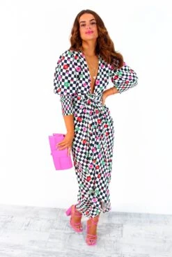Glamorous Drive Em Wild - Checkerboard Flower Print Midi Wrap Dress