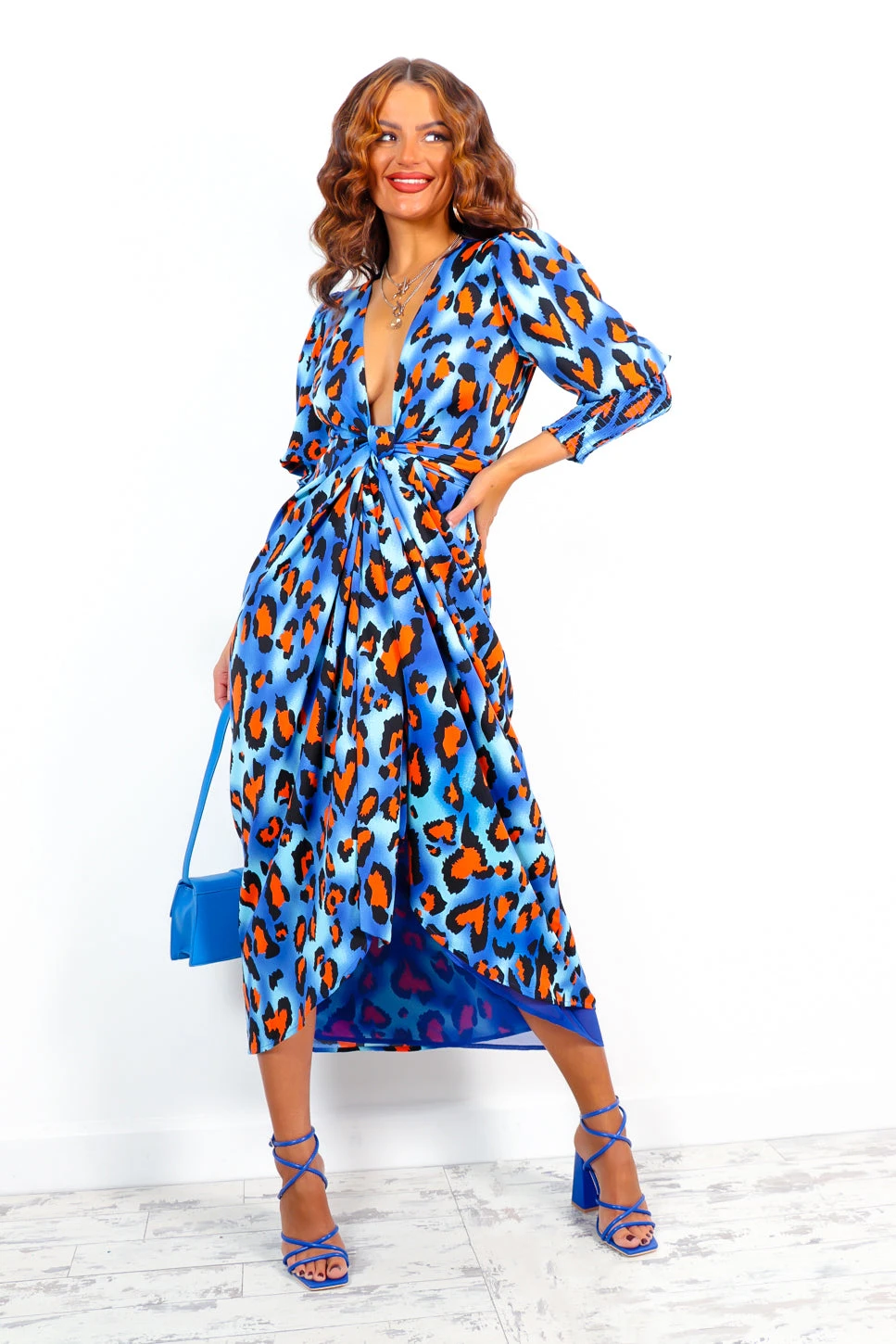 Glamorous Drive Em Wild - Cobalt Orange Leopard Midi Wrap Dress 6 Glamorous Drive Em Wild - Cobalt Orange Leopard Midi Wrap Dress - Image 4