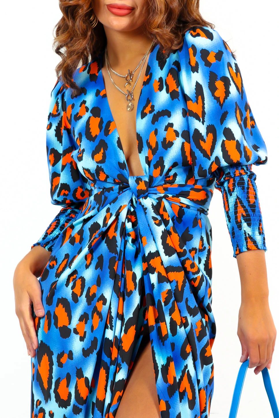 Glamorous Drive Em Wild - Cobalt Orange Leopard Midi Wrap Dress 4 Glamorous Drive Em Wild - Cobalt Orange Leopard Midi Wrap Dress - Image 2