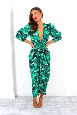 Glamorous Drive Em Wild - Green Black Animal Print Midi Wrap Dress
