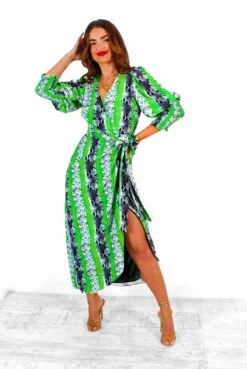 Glamorous Drive Em Wild - Green Grey Snake Print Midi Wrap Dress -Deals Modashka Store Drive EmWild GreenGreySnakePrintMidiWrapDress 4
