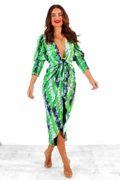 Glamorous Drive Em Wild - Green Grey Snake Print Midi Wrap Dress -Deals Modashka Store Drive EmWild GreenGreySnakePrintMidiWrapDress 5