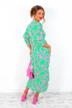 Glamorous Drive 'Em Wild - Green Pink Leaf Print Midi Wrap Dress -Deals Modashka Store Drive EmWild GreenPinkLeafPrintMidiWrapDress 1