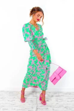 Glamorous Drive 'Em Wild - Green Pink Leaf Print Midi Wrap Dress -Deals Modashka Store Drive EmWild GreenPinkLeafPrintMidiWrapDress 2