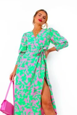 Glamorous Drive 'Em Wild - Green Pink Leaf Print Midi Wrap Dress -Deals Modashka Store Drive EmWild GreenPinkLeafPrintMidiWrapDress 4